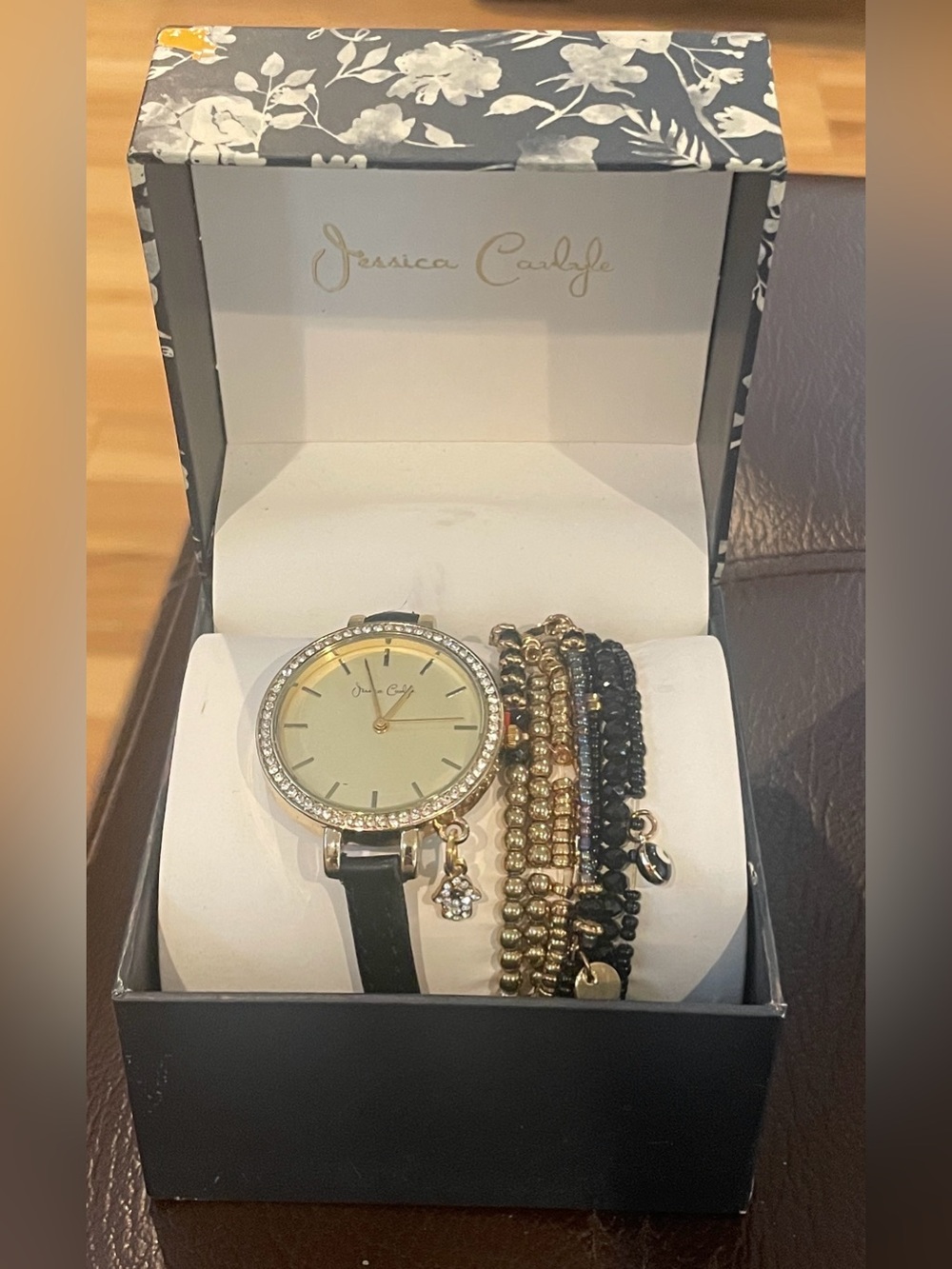 Black and Gold Womens Watch with 8 piece Bracelet Set NIB Jessica Carlyle